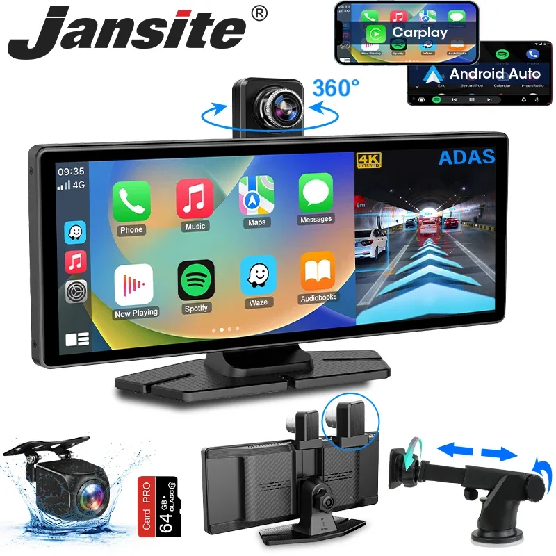 

Jansite 10.26" 4K ADAS Dash Cam Wireless CarPlay & Android Auto Car DVR 360° Rotation Dual Lens Dashboard Video Recorder AUX FM