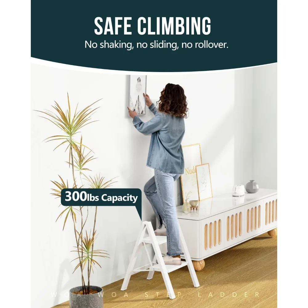 سلم ألومنيوم قابل للطي، سعة 300 رطل، دواسات مضادة للانزلاق، خفيف الوزن وموفر للمساحة للاستخدام المنزلي (خطوةان، أبيض) #3