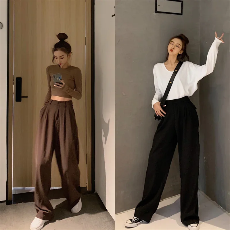 2023 Retro Solid Color Wild Straight Wide Leg Pants Female Spring New Korean Fashion High Waist Casual Long Pants