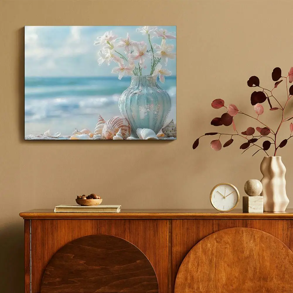 Tela de felicidade costeira, 1 peça, cena de praia com flores, estrela do mar e conchas para decoração de parede de sala de estar e quarto