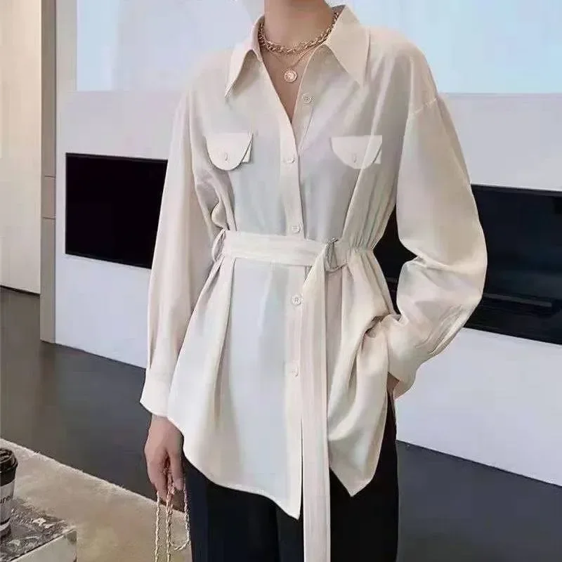 Camisa de manga larga para mujer, ropa de calle informal a la moda, blusas de Color sólido holgadas, blusas elegantes para mujer 2024