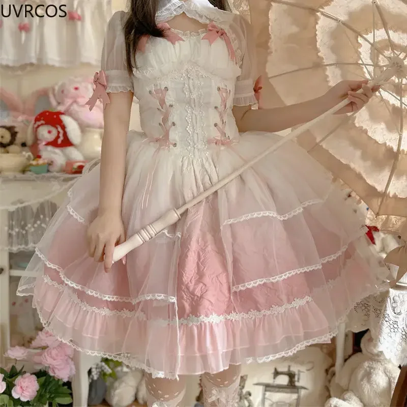 Rosa Kawaii Farbverlauf Lolita Kleid Frauen Süße Schlanke Bandage Bogen Blume Kleider Weibliche Vintage Elegante Fee Party Kleid Set