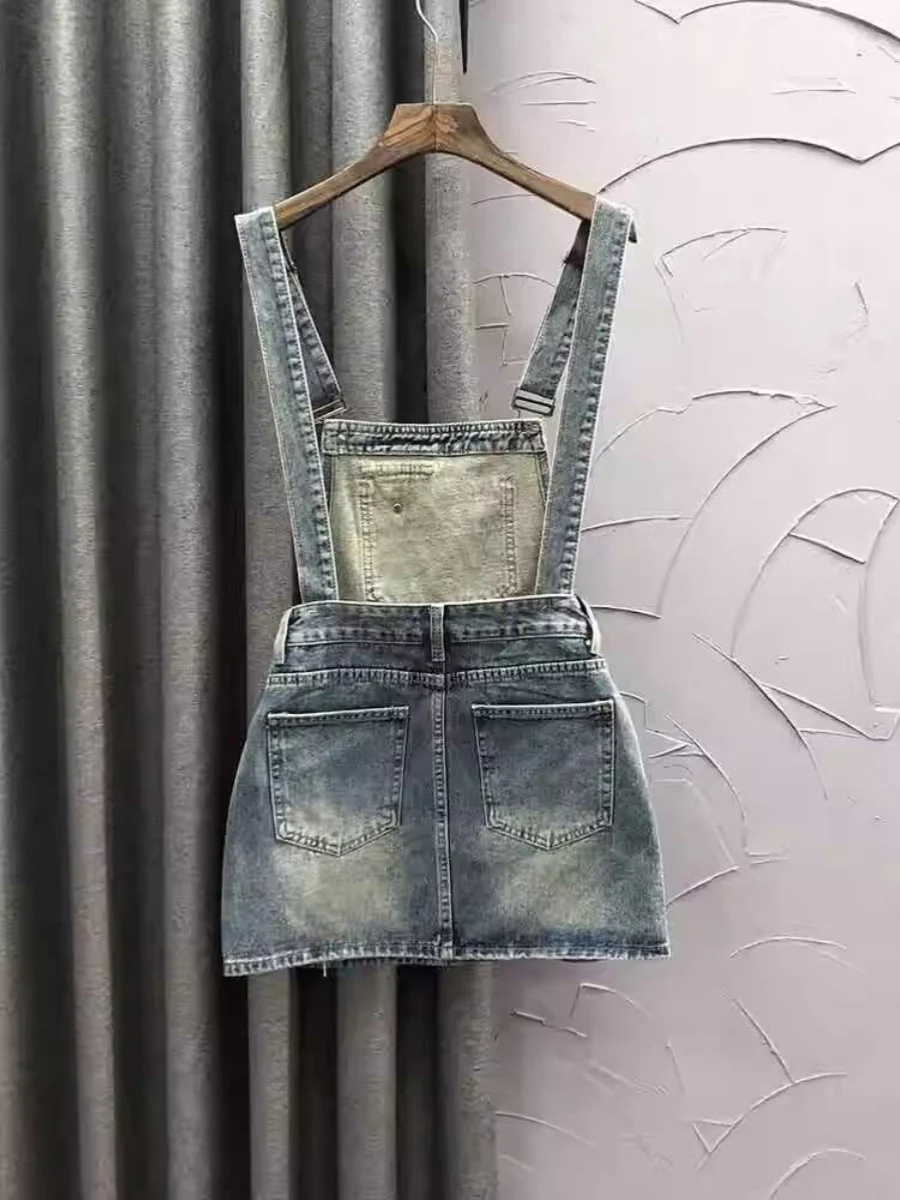 American retro distressed denim camisole skirt for women's summer 2024 new fashionable and trendy A-line short skirt