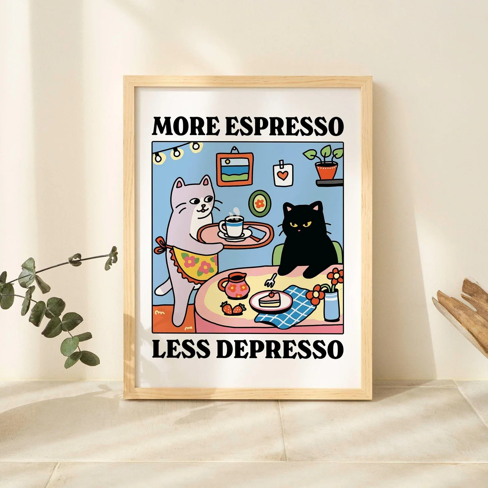 More Espresso Less Depresso Black Cat Wall Print, Coffee Cat Poster, Kitchen Art, Handmade Cat Poster, Coffee Bar, Unique