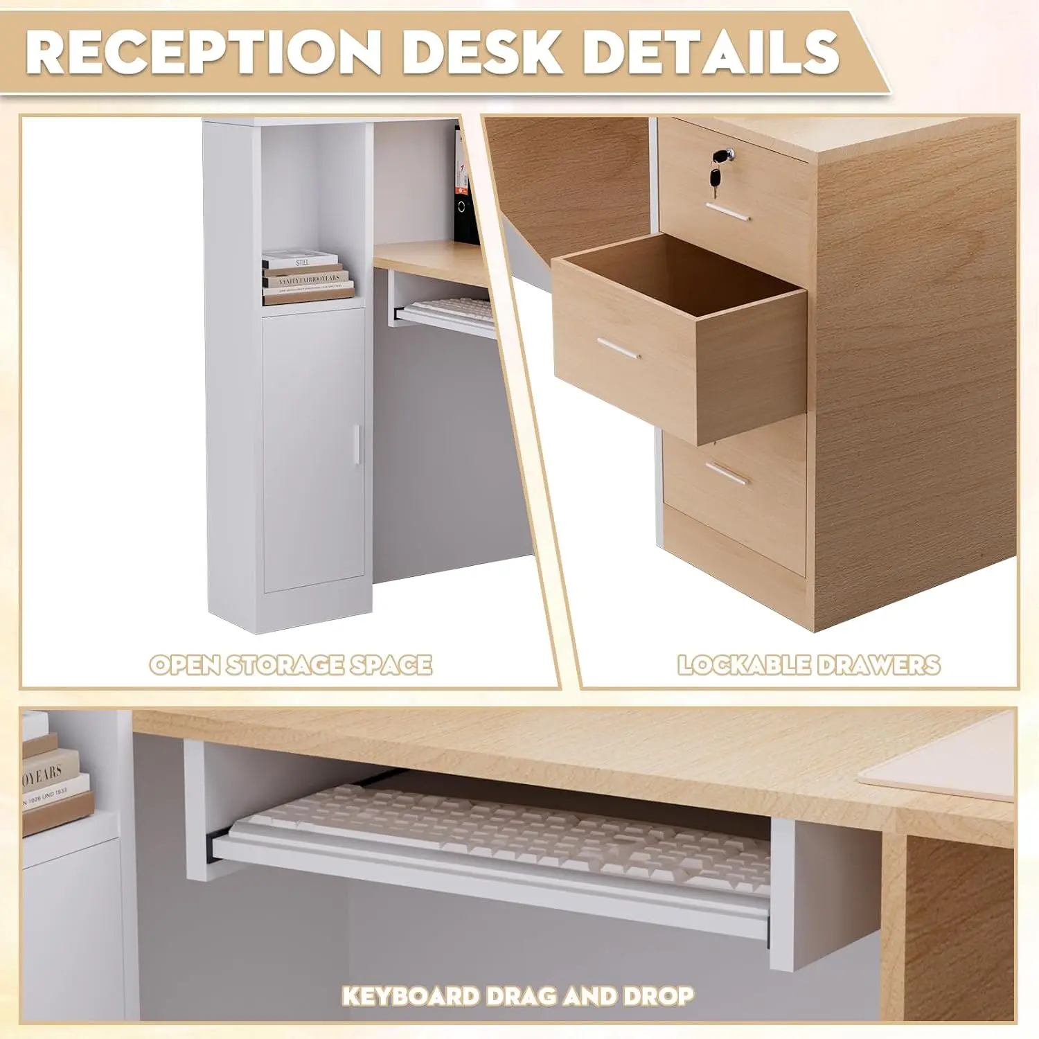 Reception Desk with Lockable Drawers, L-Shaped Large Wooden Modern Front Desk Reception Counter with Storage & Keyboard Tray, fo view 5