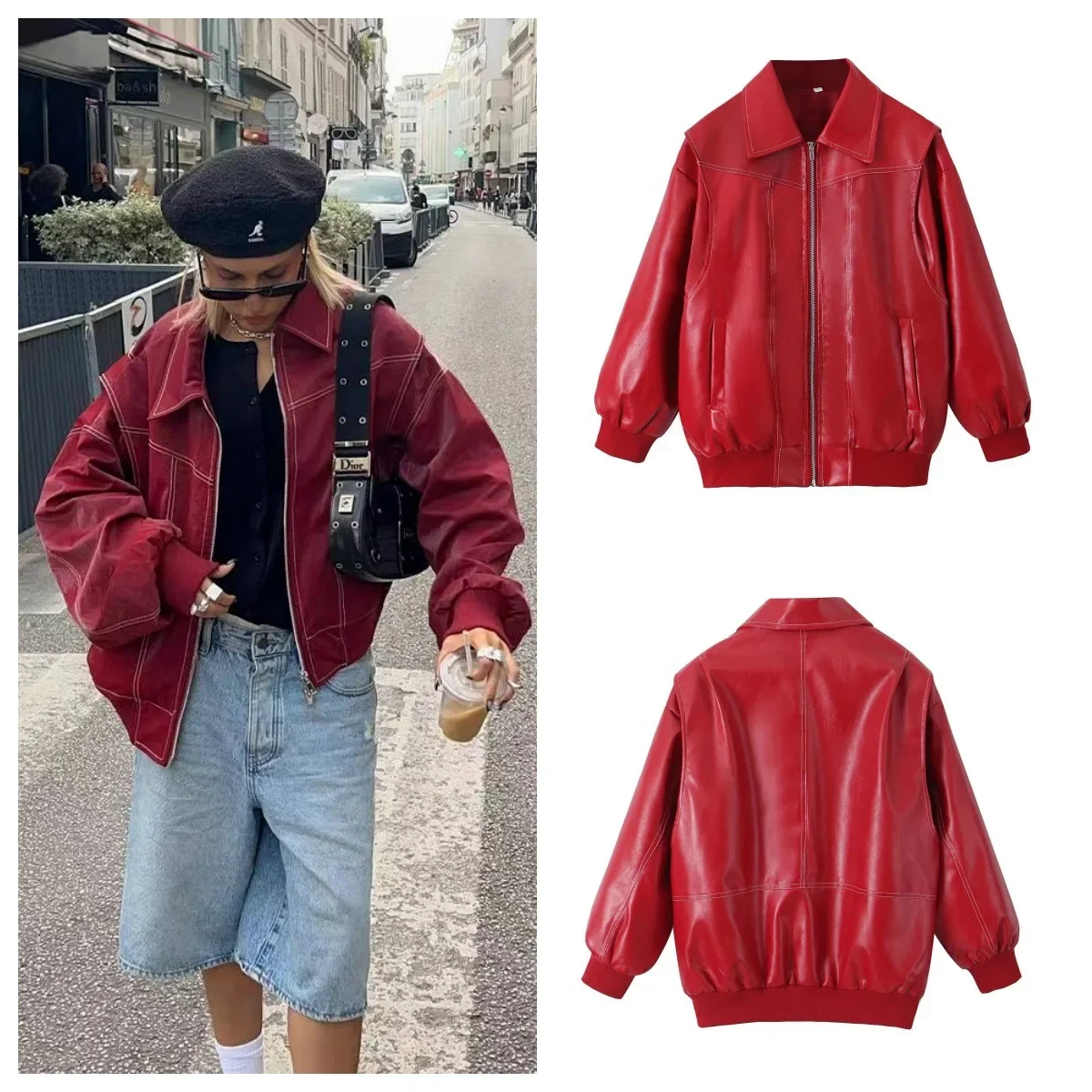 

PU Vintage Patchwork Jackets Coat Female Lapel Long Sleeve Zipper Cropped Loose Streetwear Women's Autumn 2024 Outwear New