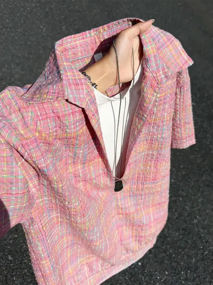Dopamine Plaid Bubble Shirt Men Summer Thin Loose Lazy Style Half Sleeve Casual Shirt Short Sleeve Flip Collar Fake Two-Piece