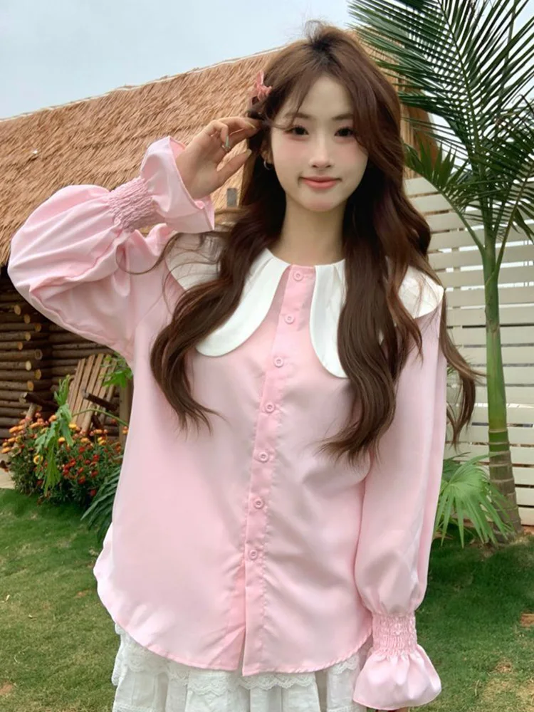 Estilo preppy doce bonito camisas femininas solto elegante manga longa outono blusa vintage casual macio japão feminino amarelo kawaii topos