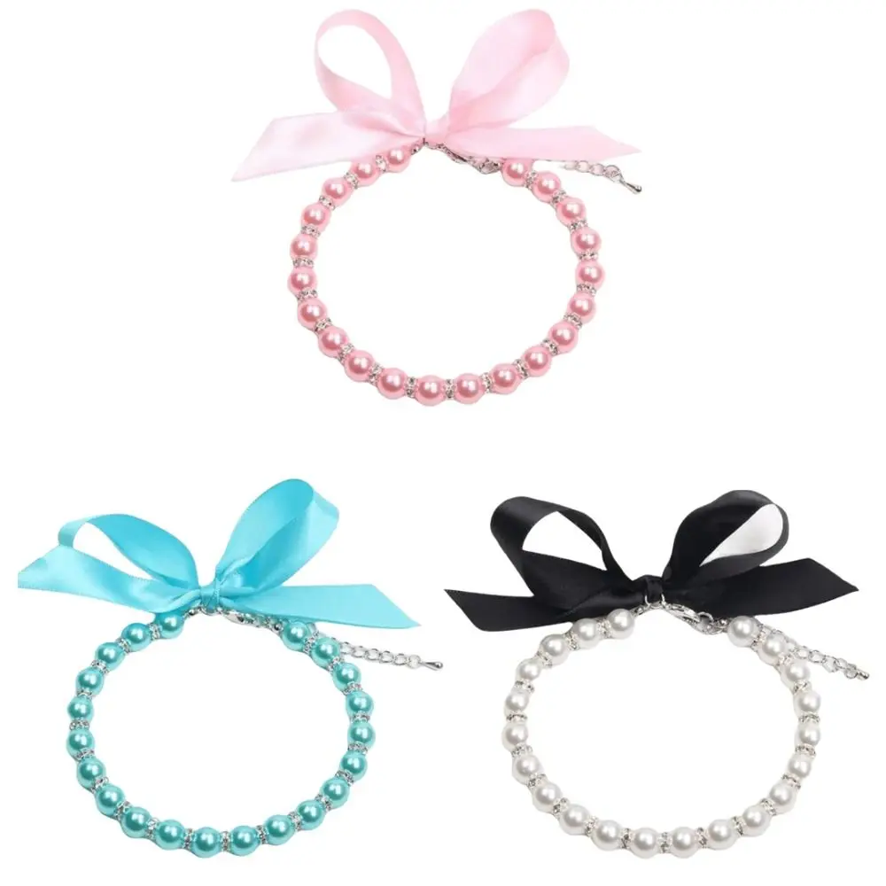 Colar de pérolas para animais de estimação, ajustável, pérola simulada, elegante, cachorro, joias, laço, fita, brilho, animal de estimação, colar de pérola simulado