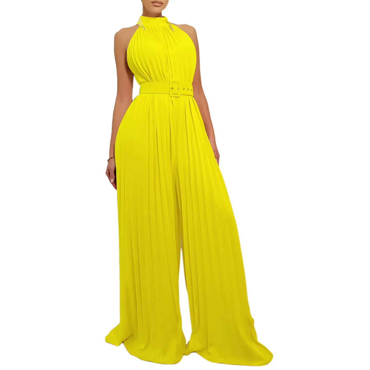 Jump Suits for Women Temperament Solid Color Sleeveless Sexy Wide-leg Pleated Wide-leg Jumpsuit Casual Pants Jumpsuit Women