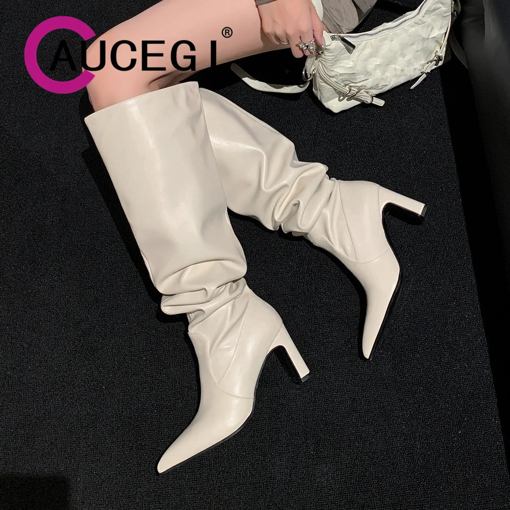 Aucegi New Trend Pleated Quality Leather Women Spring Autumn Knee High Boots Sexy Thick Heels Office Party Pointed Toe Shoes