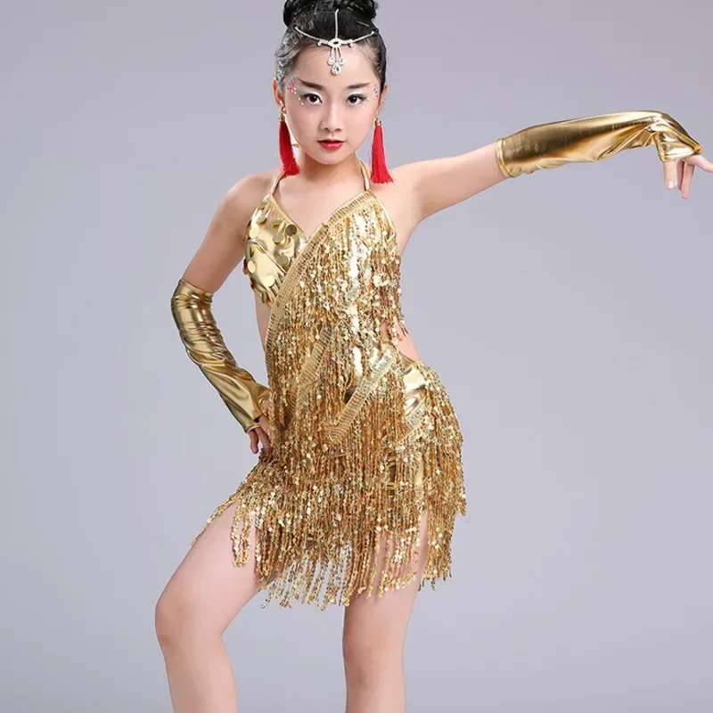 

Детское профессиональное платье для латинских танцев для девочек, платья для бальных танцев для детей, красная бахрома с блестками и кисточками для сальсы