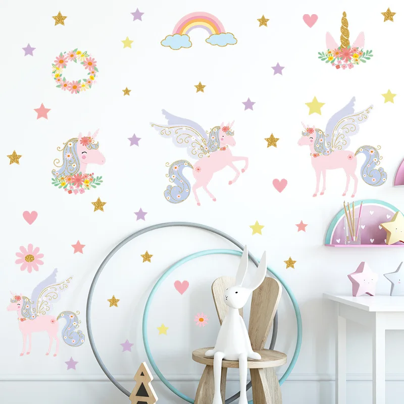 

Cartoon Unicorn Flower Star Wall Stickers for Kids Room PVC Wall Decal Nursery Children's Bedroom Wardrobe Decoration Home Decor