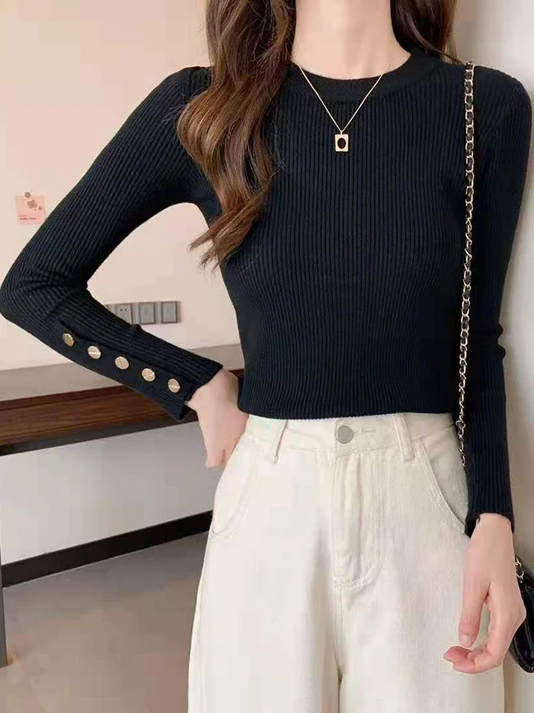 2024 women sweater pullovers khaki casual autumn winter button o-neck chic sweater female slim knit top soft jumper tops