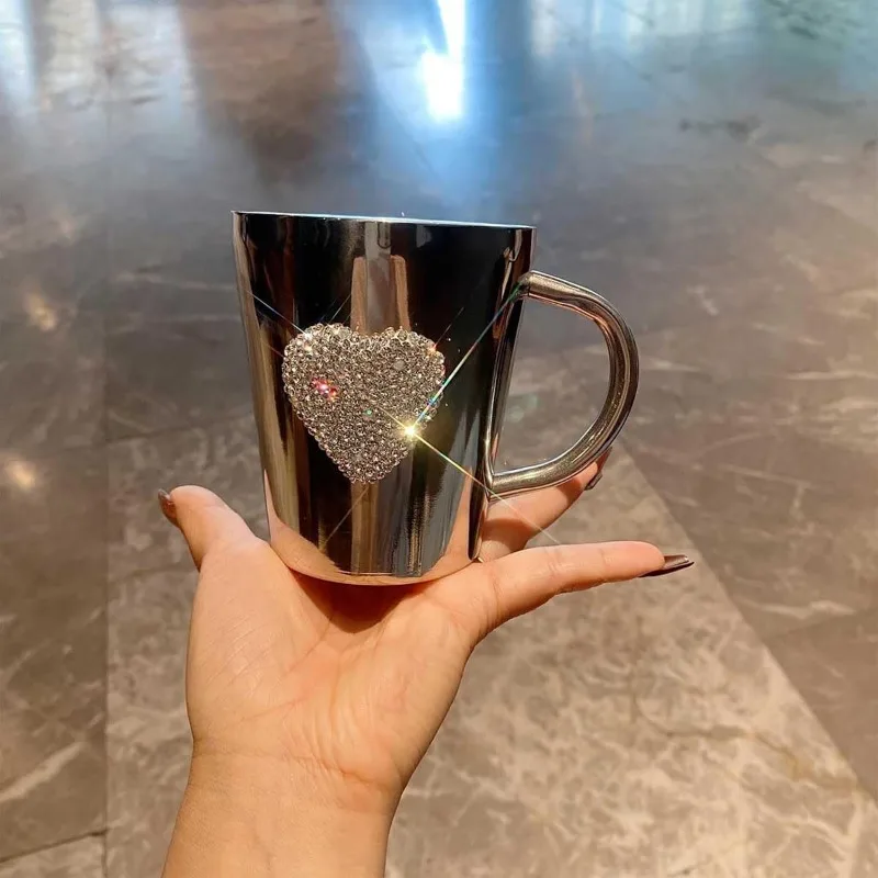 Sparkling Diamond Heart Mug Luxury Stainless Steel Coffee Cup Shatterproof Espresso Cups Kitchen Drinkware Home Accessories