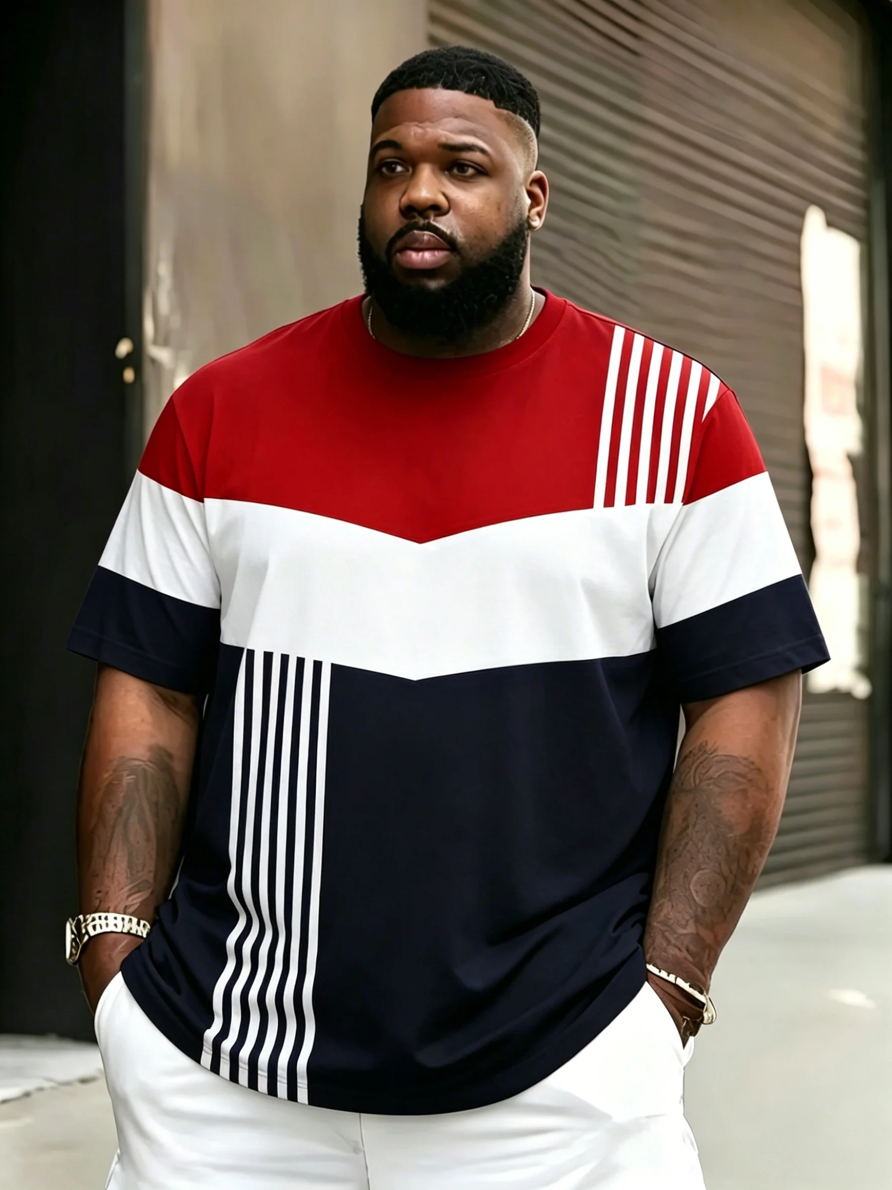 Men Color Block Short Sleeve T‑Shirt Red White Navy Splice Vertical Stripe Crew Neck Casual Tops