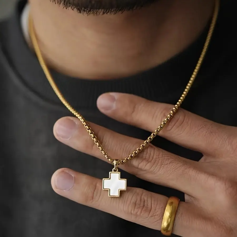 Retro Weiße Acryl-Muschel Kreuz-Anhänger Halskette Hip-Hop Goldfarben Edelstahl Halskette für Männer Mode Schmuck Accessoires – Detail 1