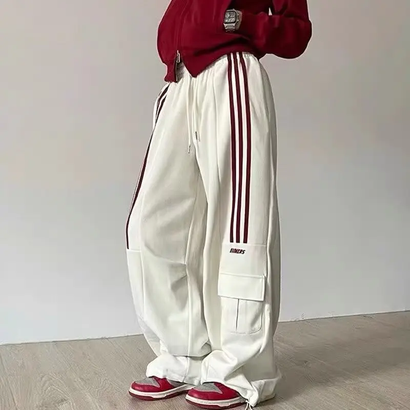 

American Streetwear Style Wide Leg Men Pants Stripes Elastic High Waist Sweatpants Drawstring Loose Unisex Trousers
