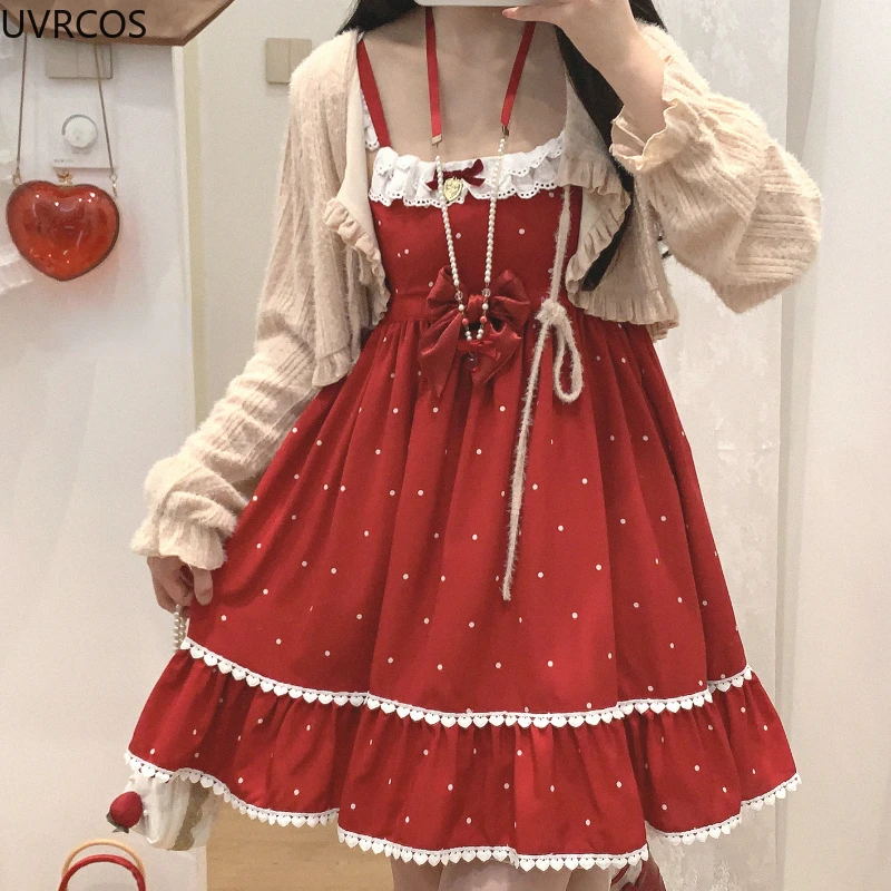 Japanese Kawaii Lolita Style Jsk Dress Women Sweet Bow Polka Dot Print Princess Dresses Cute Lace Ruffles Sleeveless Party Dress