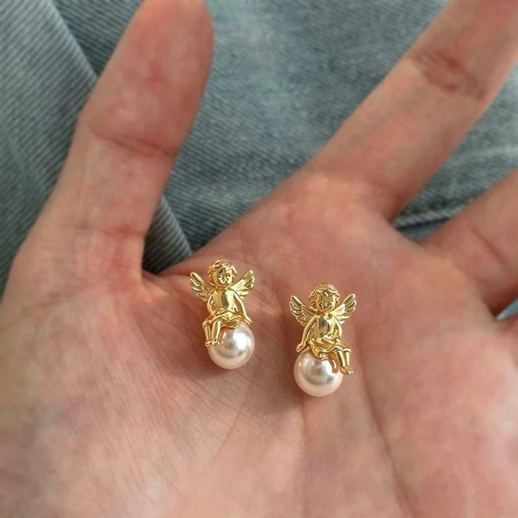18K Gold Plated Cute Little Angel Pearl Earrings Vintage Sweet Women Daily Jewelry