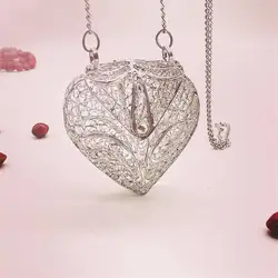 2024 Spring New Fashion White Metal Copper Filigree & Hollow Silk Heart Pouch Pendants with Chain Necklace for Girls