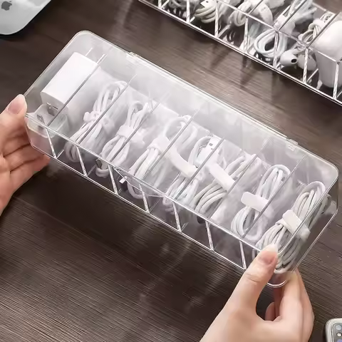 The transparent plastic Data Cable Storage Box household cable Charging Cable MobilePhone Charger Finishing Box Divided Grid Box