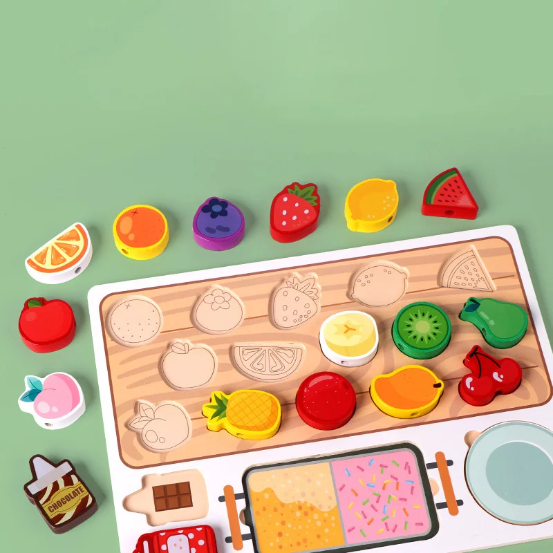 Drewniane zabawki Montessori dla dzieci szpikulec owocowy pasujące koraliki gwintowanie gra edukacyjna logika szkolenia klocki do budowy gra prezenty