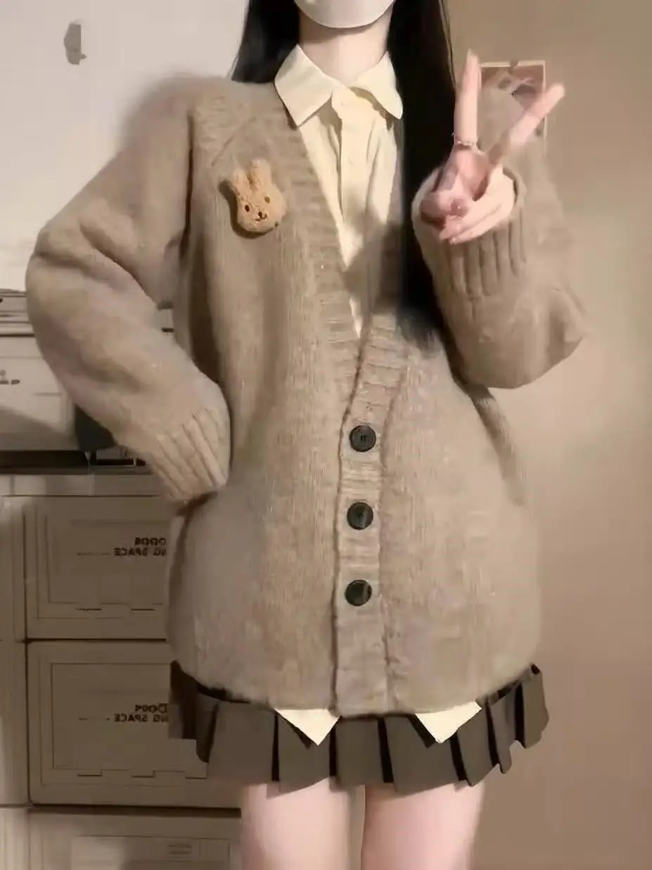 

Женский вязаный открытый кардиган Jaet, плиссированная юбка с высокой талией, комплект из футболки, осень-зима, колледж, Sle, ретро Faion