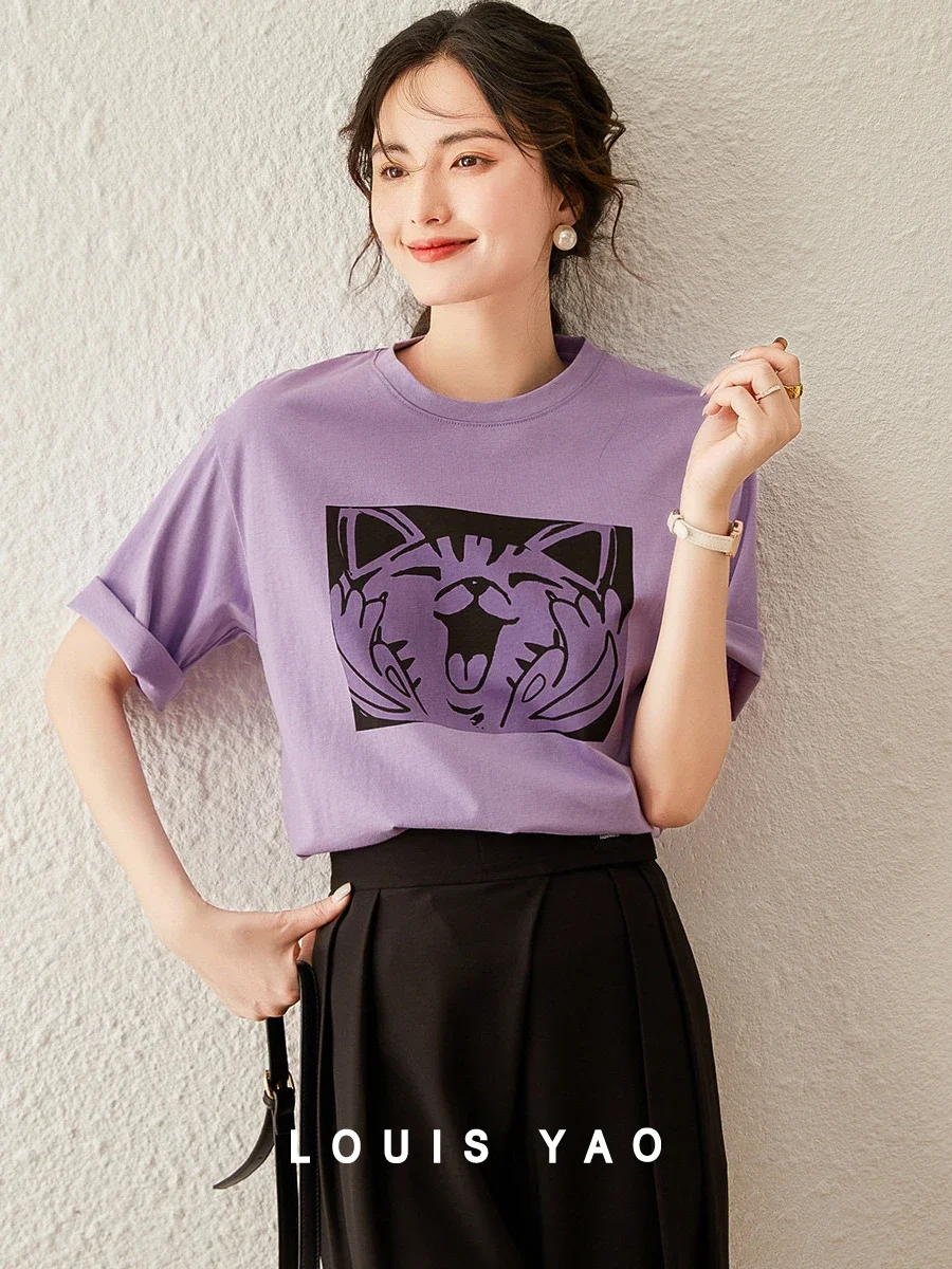 

LOUIS YAO Women T-shirt 2024 Summer New Round Neck Short Sleeve Print Cat Casual Pullover Loose Fit Basic Purple White Women Top