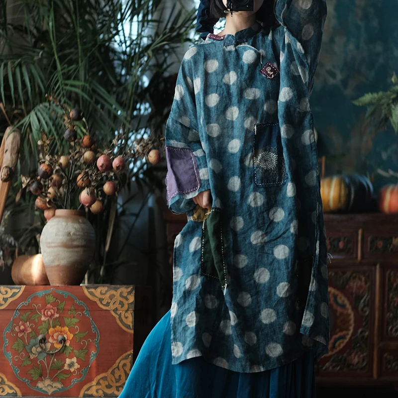 

Новинка 2026: Женское повседневное платье из 100% льна, весеннее, винтажное, с воротником-стойкой, в горошек, оверсайз, длинное, M2564