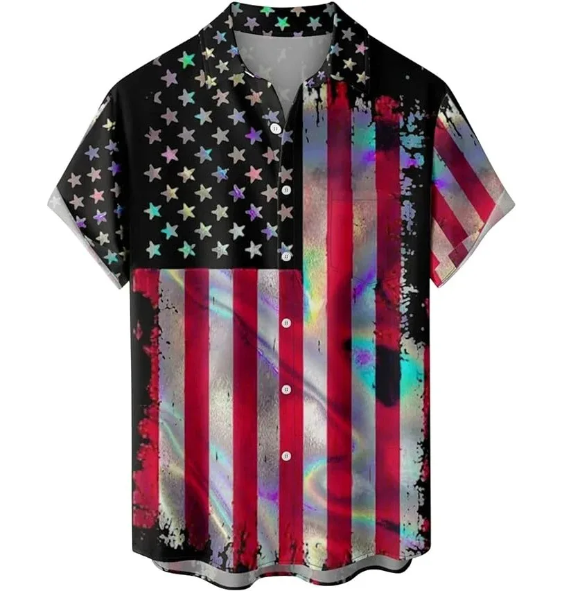 

Summer Hawaiian Men's Shirts Short Sleeve Button Tops Flag Striped Print High Quality Vacation Pocket Clothing Chemise Homme