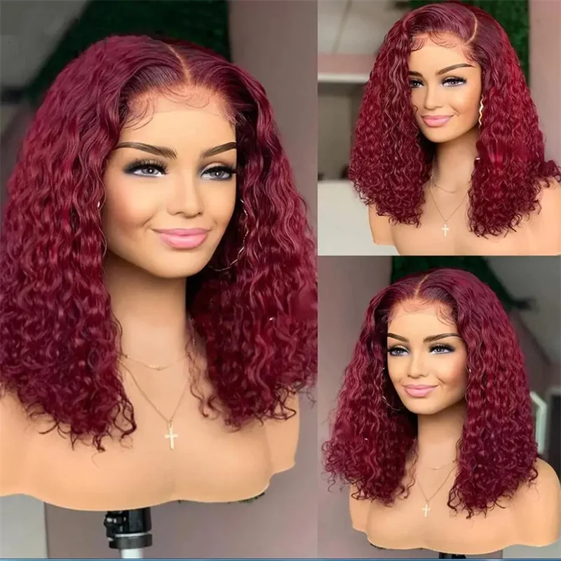 

Short Bob Soft 180Density Burgundy Kinky Curly Lace Front Wig For Black Women BabyHair Heat Resistant Glueless Preplucked Daily