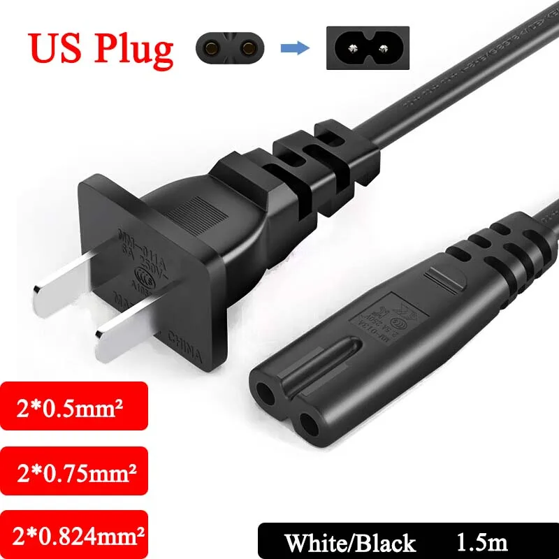 2 Prong US Plug Connector Wire AC 250V Power Supply Cable 2*0.5mm² 2*0.75mm² 2*0.824mm² White Black Copper Line For Power Adapte