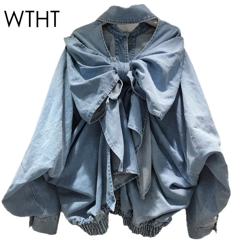 

WTHT New Fashion Women Hollow Out Back Spliced Bows Design Loose Denim Jacket 2025 Autumn Lapel Long Sleeve Coat Female 1LS2302