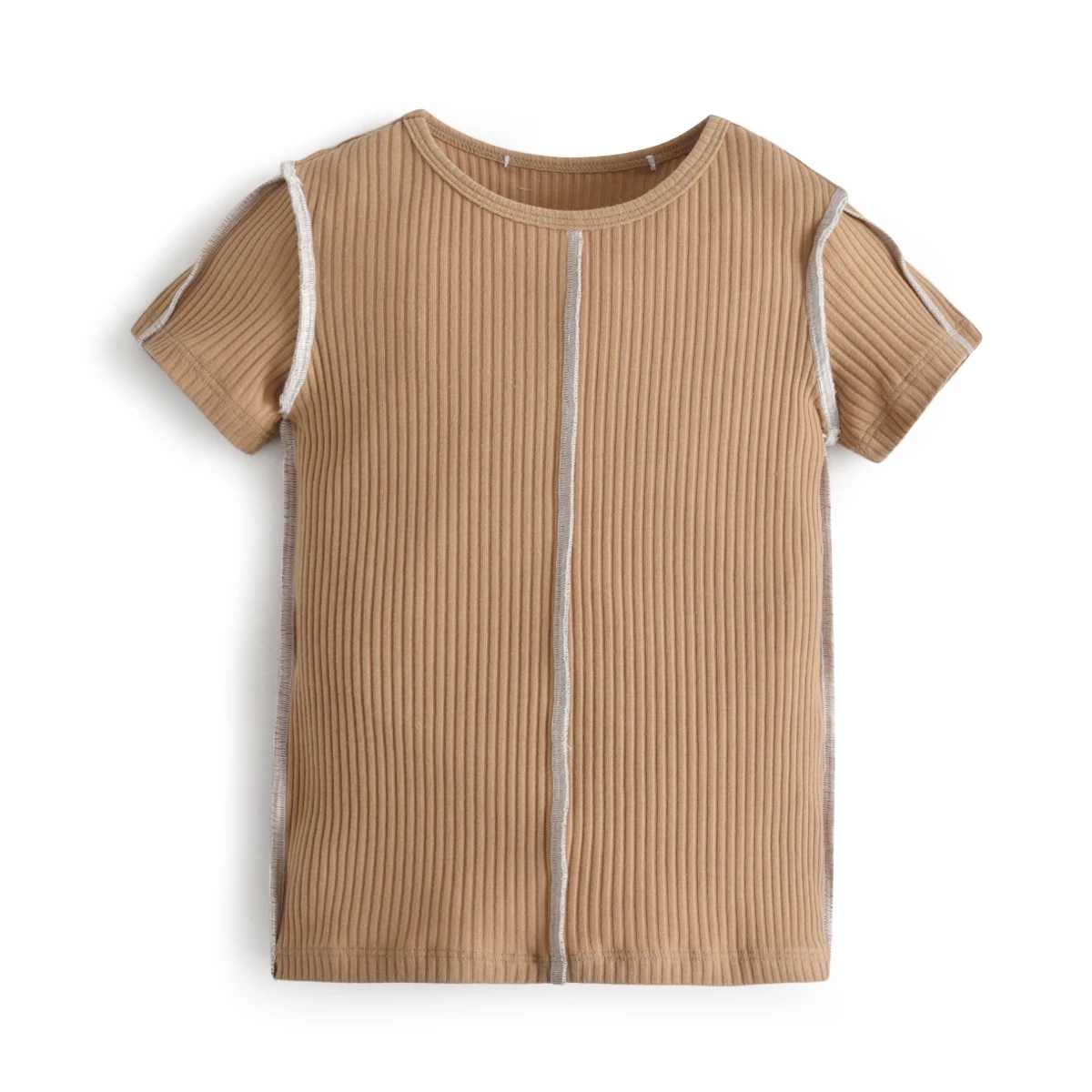 Summer Children Clothes Ribbed Cotton Top Toddler Clothing Short Sleeves Special Design Round Neck Kids Tops For 6-10 Years Old