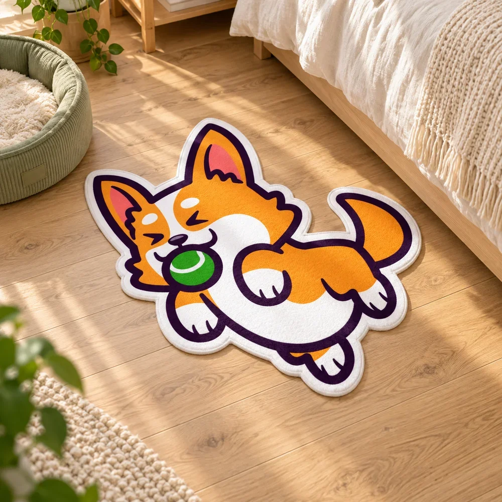 Cute Corgi Dog Shaped Floor Mat with Ball, Cartoon Irregular Area Rug for Bedroom, Living Room, Entryway and Kids Room Decor