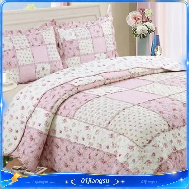 Floral Print Cotton Quilt Bedspread Applique Duvet Cover Set with Pillowcase Plaid Blanket Coverlet Soft Breathable Bedding