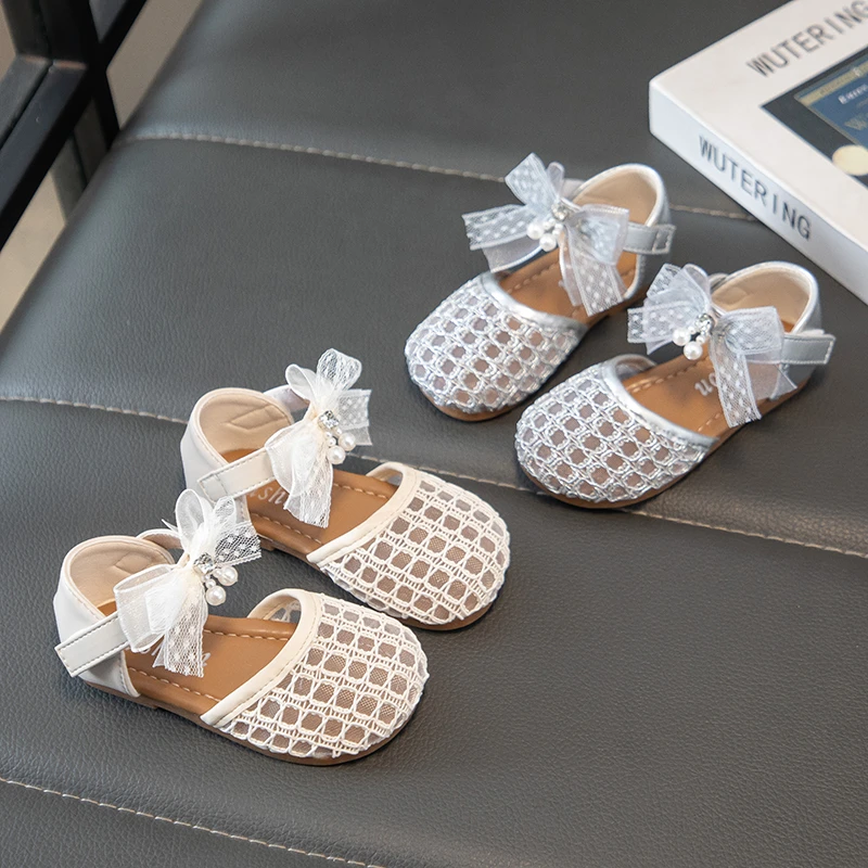 Girls Half Sandals Kids Summer Princess Shoes with Lace Bow-knot Mesh Breathable Children Pearls Flats Sandals Soft Sole