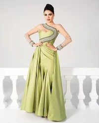 Customized Beaded Stain Wrinkle Grace Zipper Fashionable Green Tulle Perspective Party Dresses Women Evening Vestidos De Fiesta