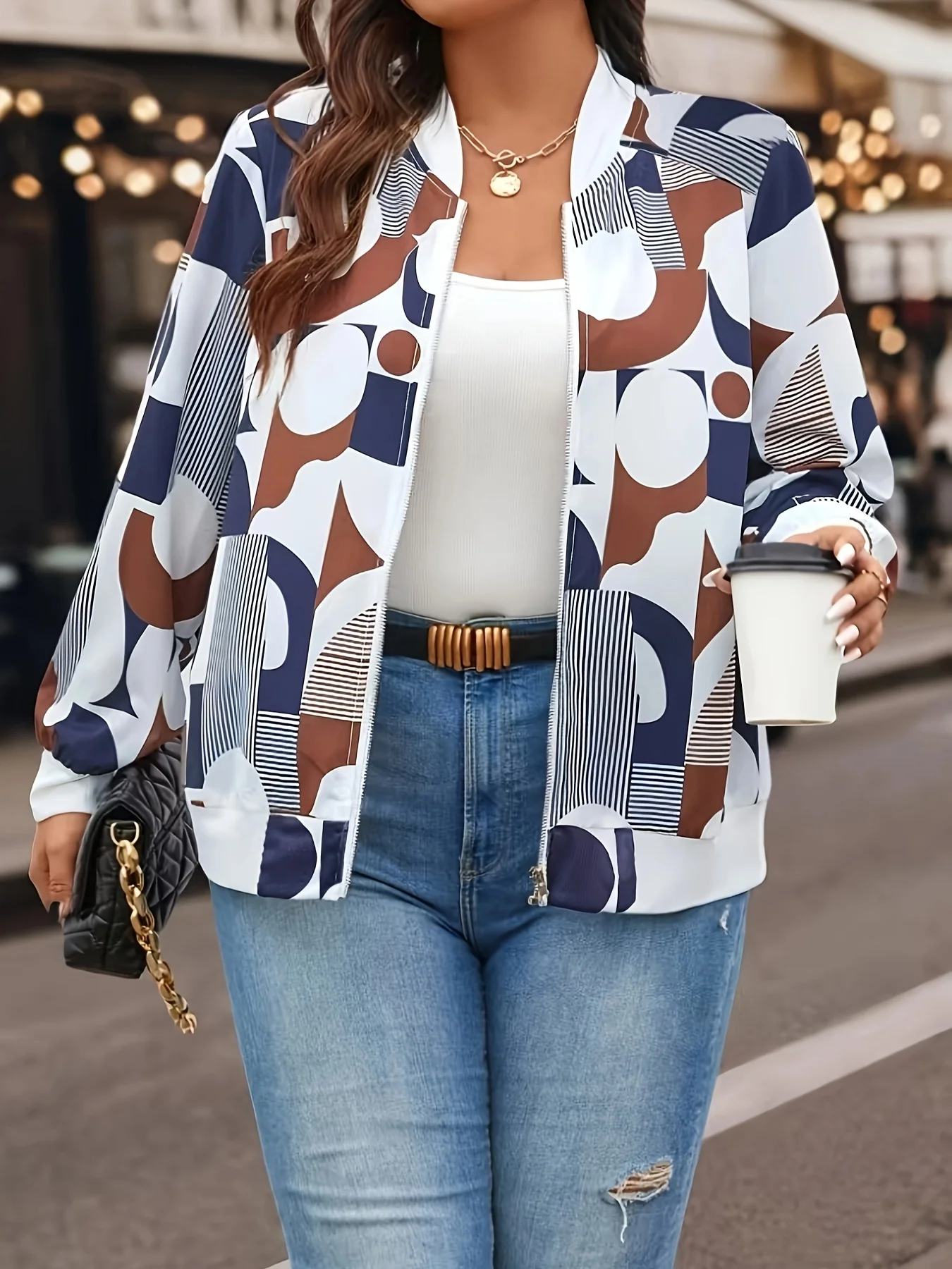 Modna damska kurtka z geometrycznym wzorem, kołnierz w stylu baseballowym, lekka odzież wierzchnia na co dzień, elegancki styl na wiosnę i jesień.