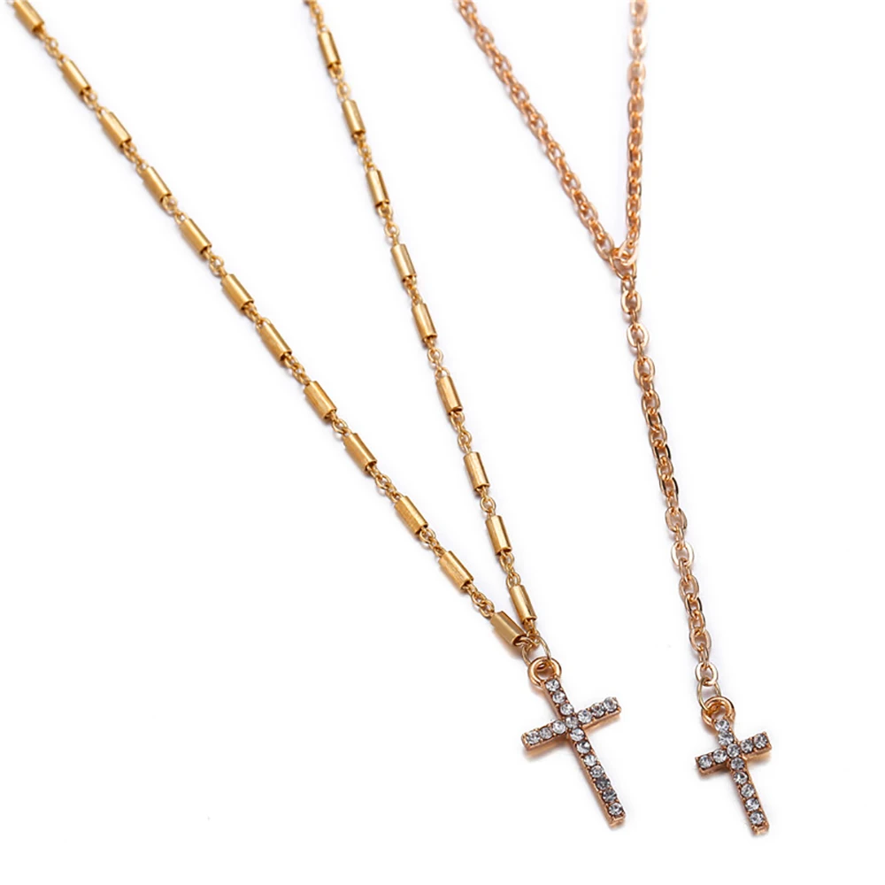 Fashion Gold-plate Crystal Cross Necklaces Pendants Boho Double Layered Necklace Catholic Religious Christian Statement Jewelry