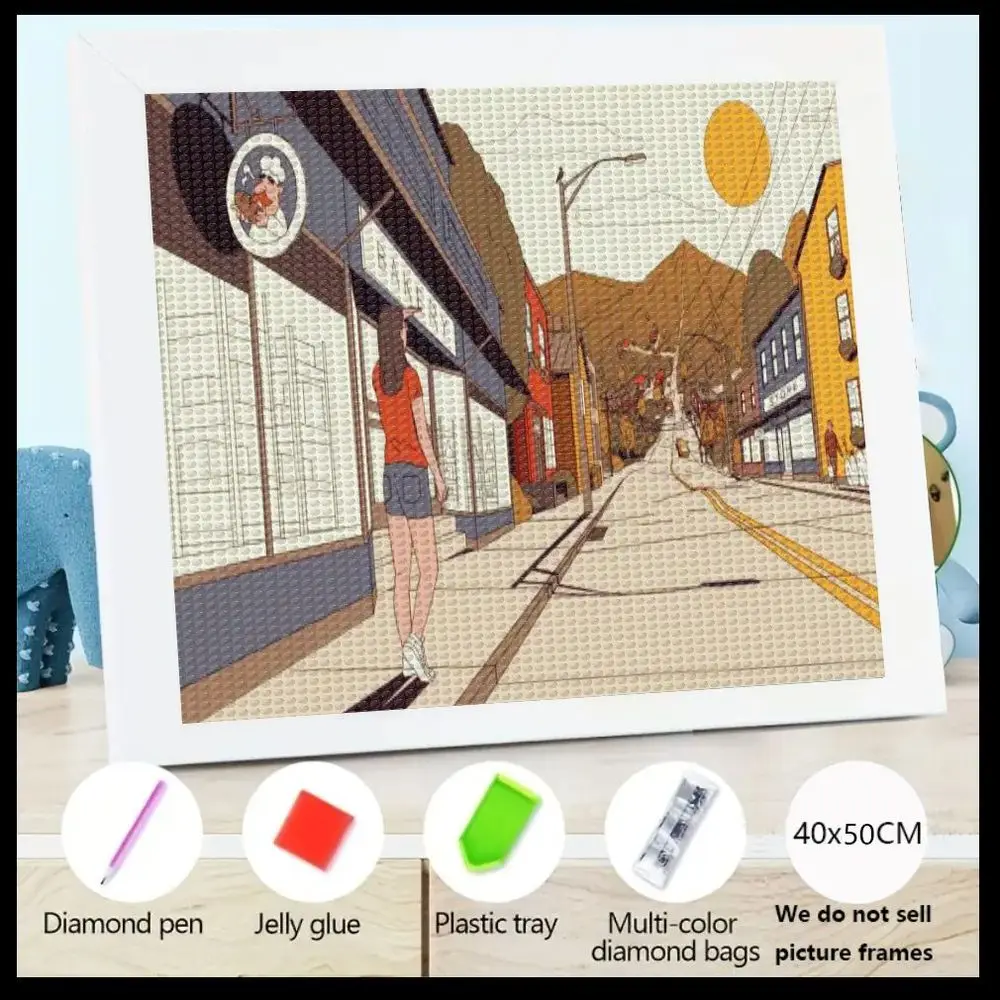 

Набор для алмазной вышивки 5D (40x50 см) — Уличная сцена: Женщина в красной кофте и синих шортах, витрины магазинов, желтые линии, здание