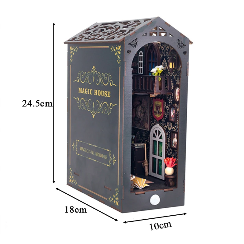 DIY ไม้ Magic House Book Nook ชั้นวางชุด Miniature ชุดชั้นวางหนังสือ Light Bookend สําหรับของขวัญวันเกิดเพื่อน