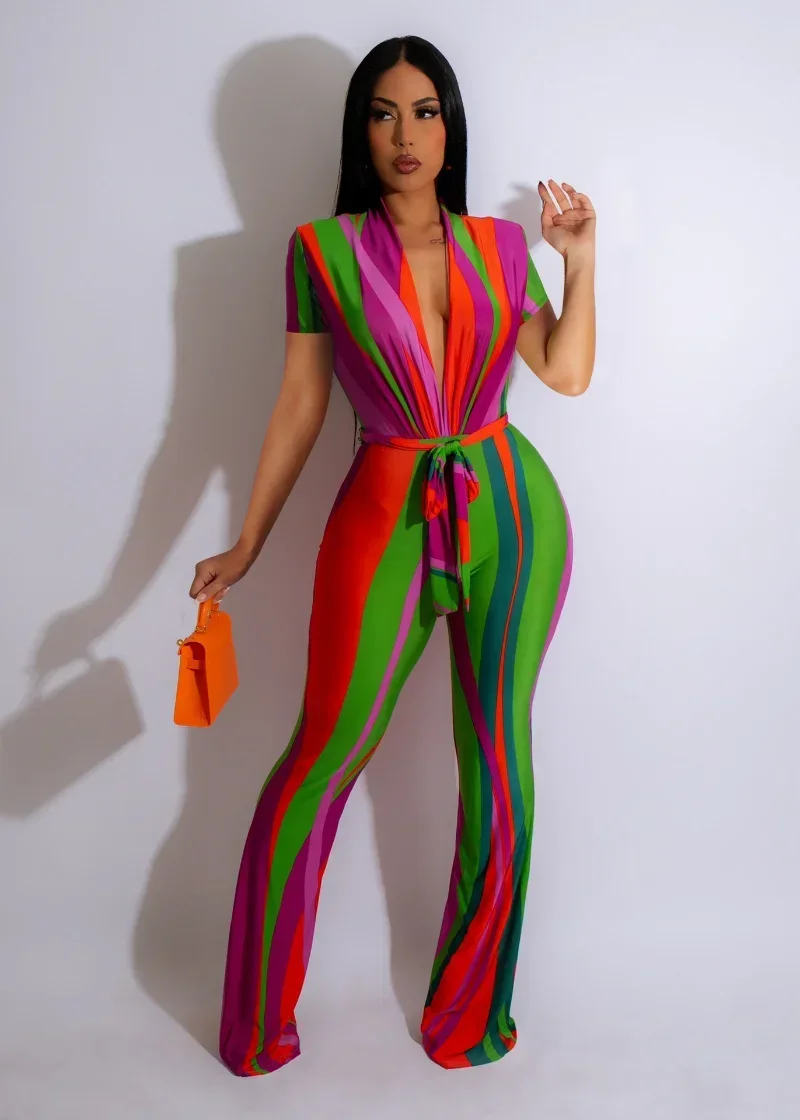 

KEXU Colorful Striped Deep V-neck with Sashes Wide Leg Sexy Party Jumpsuit 2024 Summer Playsuit Women Romper One Piece Suit