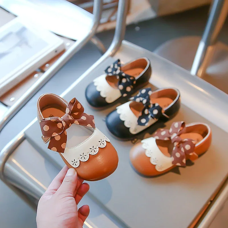 

Children Leather Shoes for Party Wedding Kids Polka Dot Printing Lace Shoes with Bow-knot Fashion Children Princess Shoes
