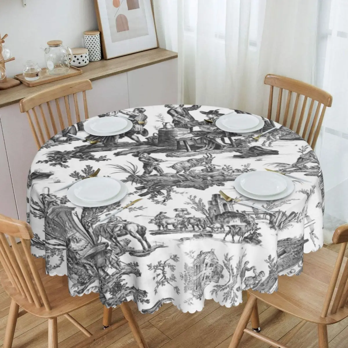 

Custom Round Black And White Toile De Jouy Tablecloth Waterproof Oil-Proof Table Cover 60 inch French Motifs Floral Table Cloth