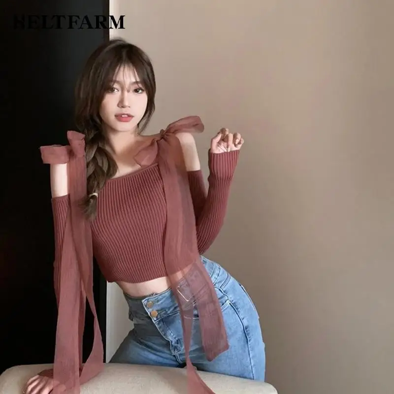 Women Casual Tops Off Shoulder Bow Strap Sexy Solid Color Knitted Pullover