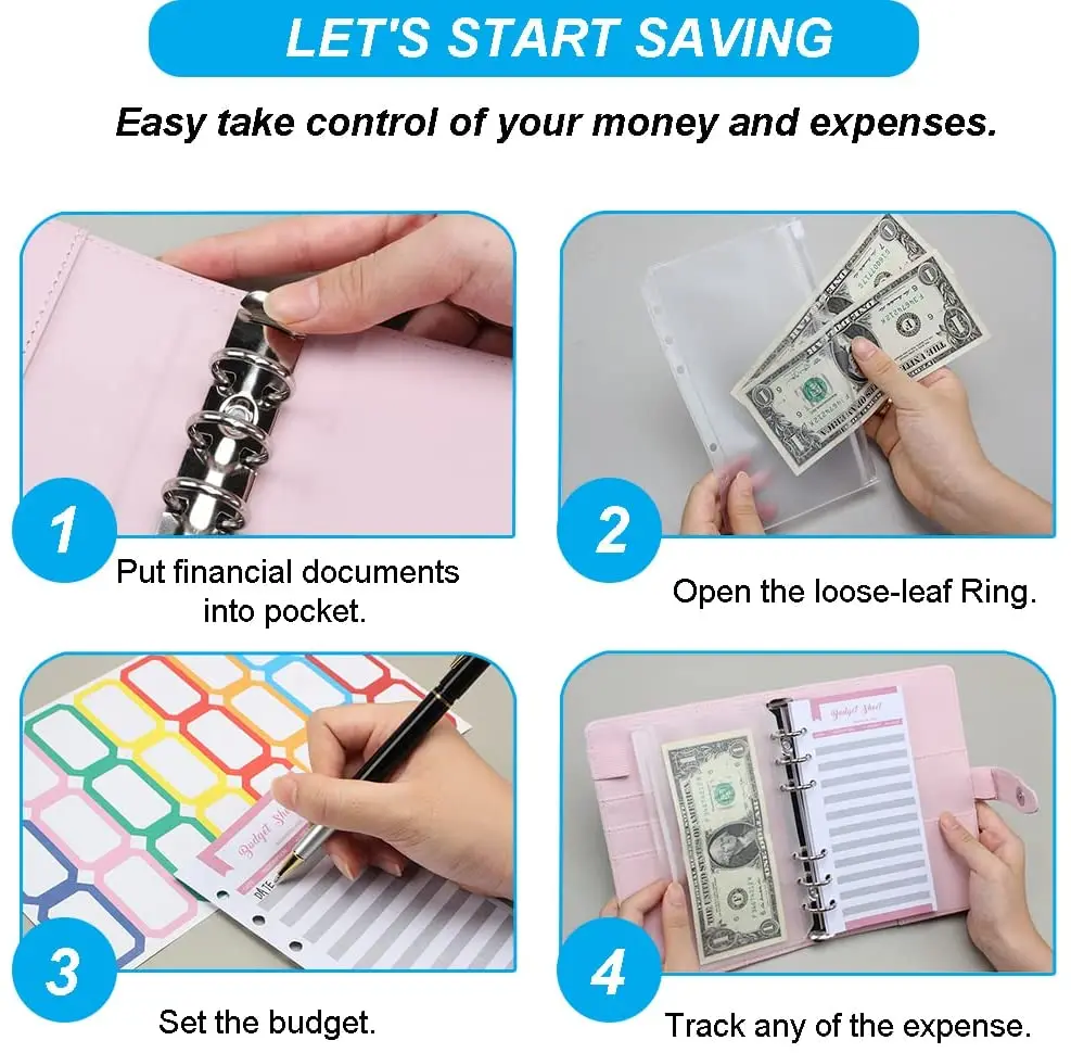 A6 Binder Budget PU Leather Organizer Notebook Financial Folder Set with Expense Budget Sheets, Cash Envelopes, Planner Stickers