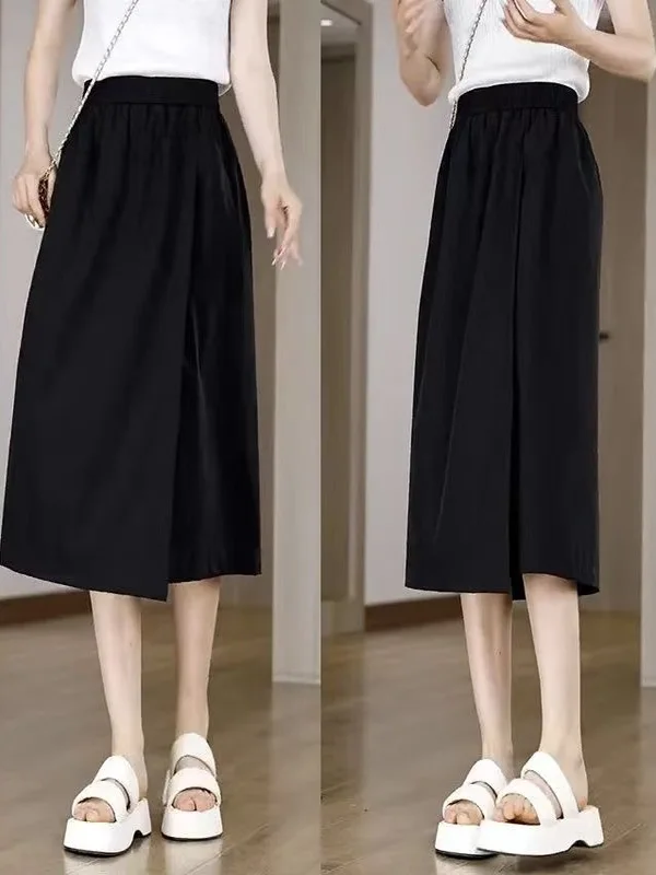 New Chinese Sle Wide Leg Pants Women's Small Size Summer Thin ular Skirt Pants High Waist Loose Casual Seven-Five Middle...