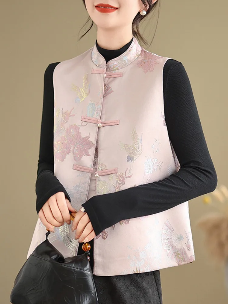 New Chinese Style Embroidered Acetate Vest Jacket Women's Sleeveless Tank Top Tang Costume Vest Spring Season Commute Style